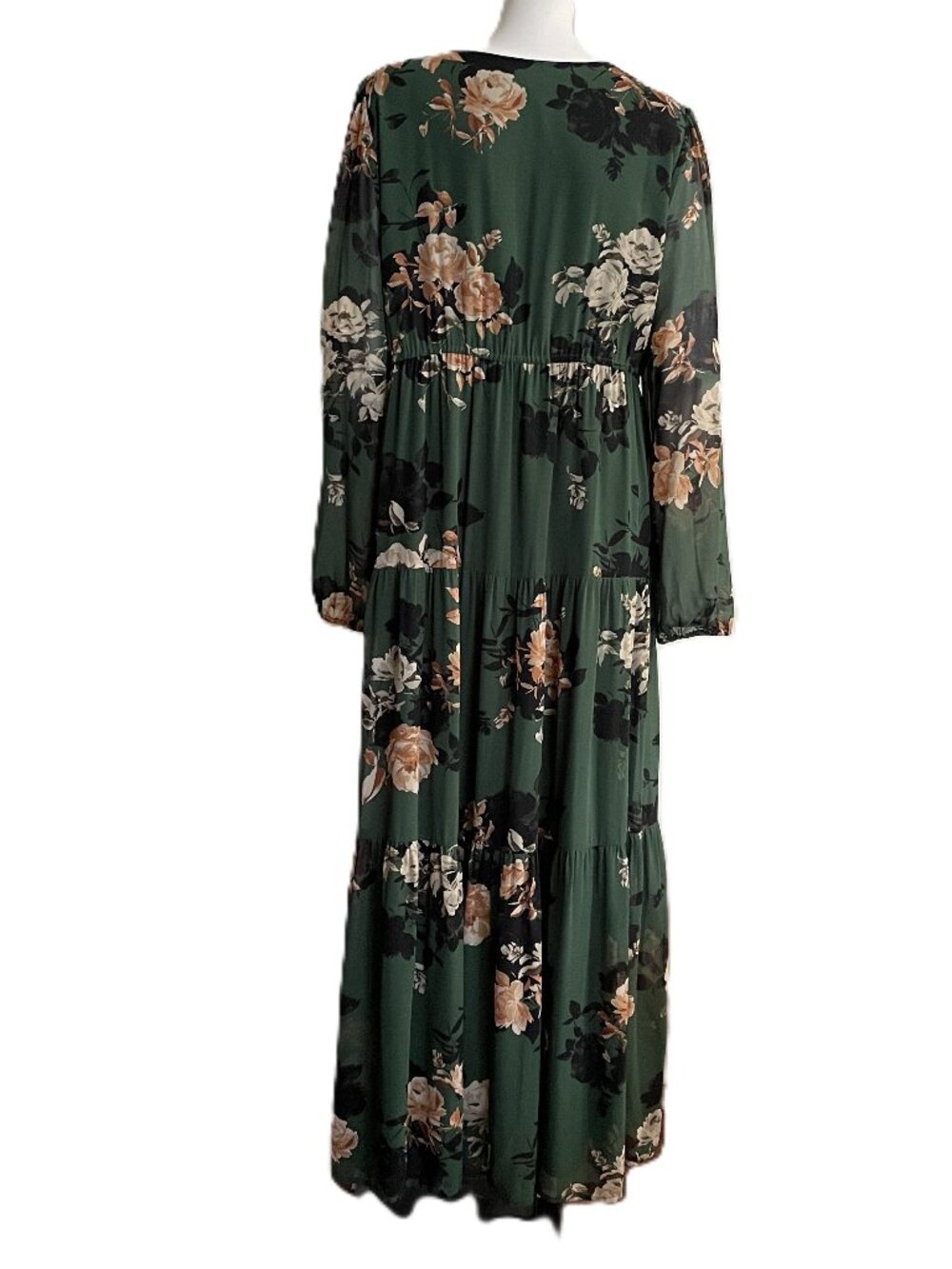 Sugarlips Dress XL Green Tiered Floral Long Sheer Sleeve Maxi Lined Graceful - Picture 4 of 14